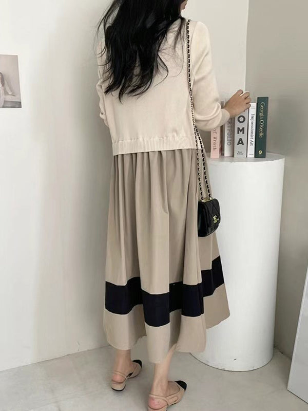 Pleated Split-Joint A-Line Long Sleeves Round-Neck Midi Dresses