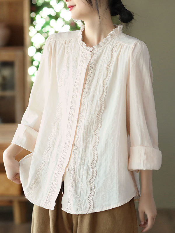 Embroidered Long Sleeves Loose Round-Neck Blouses&Shirts Tops