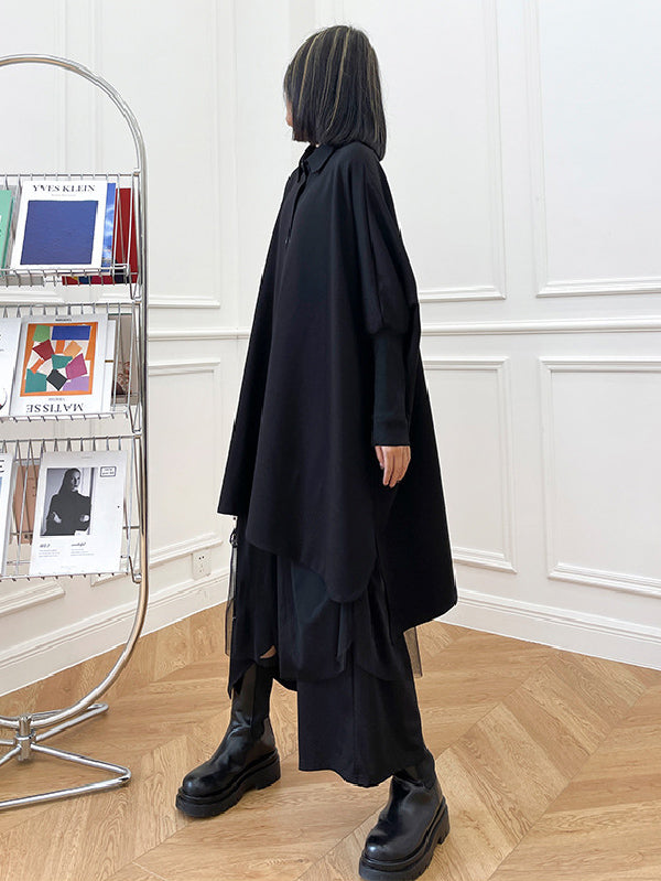 Simple Loose Batwing Sleeves Split-Joint Solid Color Lapel Blouses