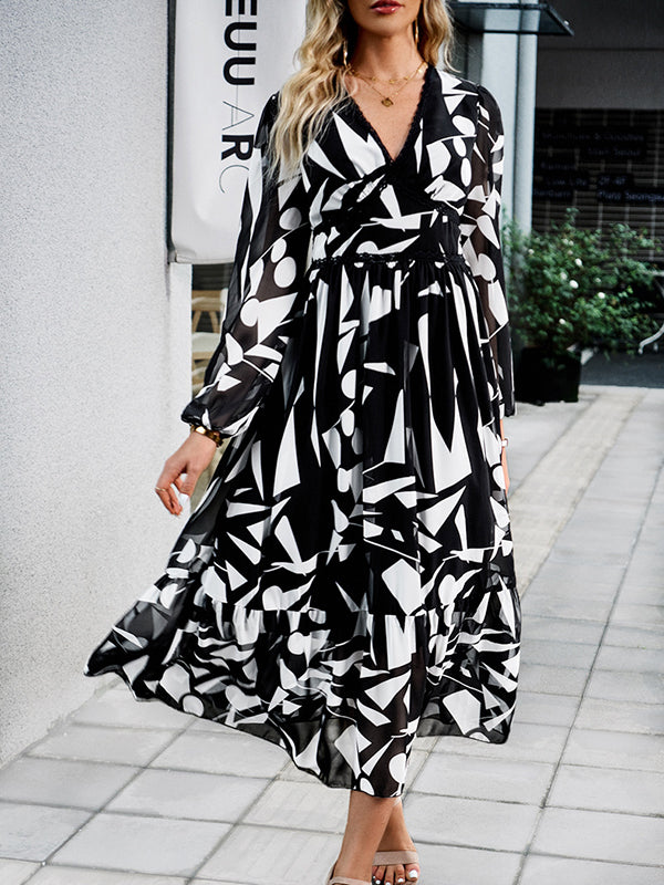 Mesh Printed Split-Joint A-Line High Waisted Deep V-Neck Midi Dresses