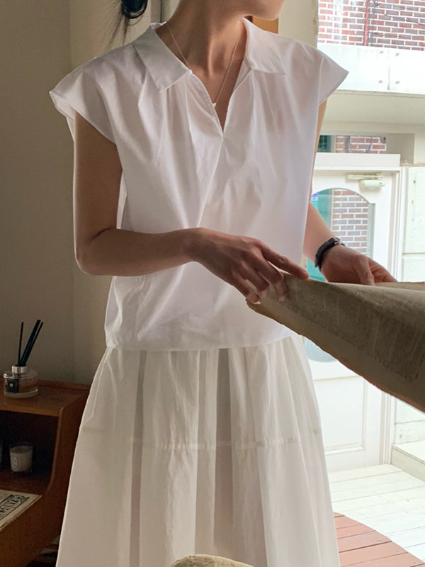 Solid Color Cap Sleeve Loose Lapel Blouses&Shirts Tops