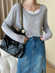 Asymmetric Contrast Color Split-Joint Fake Two-Piece Long Sleeves Round-Neck T-Shirts