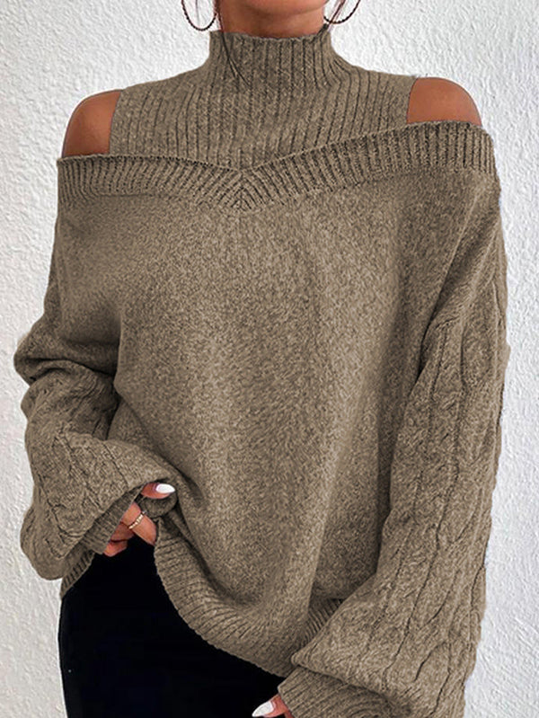 Hollow Solid Color Split-Joint Long Sleeves Loose Cold Shoulder Sweater Tops Pullovers