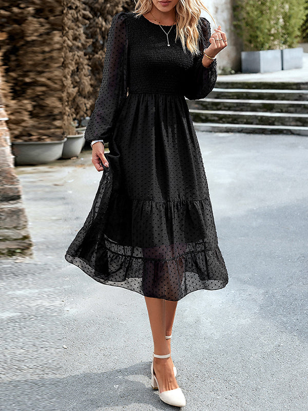 Elasticity Jacquard Solid Color Split-Joint A-Line Bishop Sleeve Round-Neck Midi Dresses