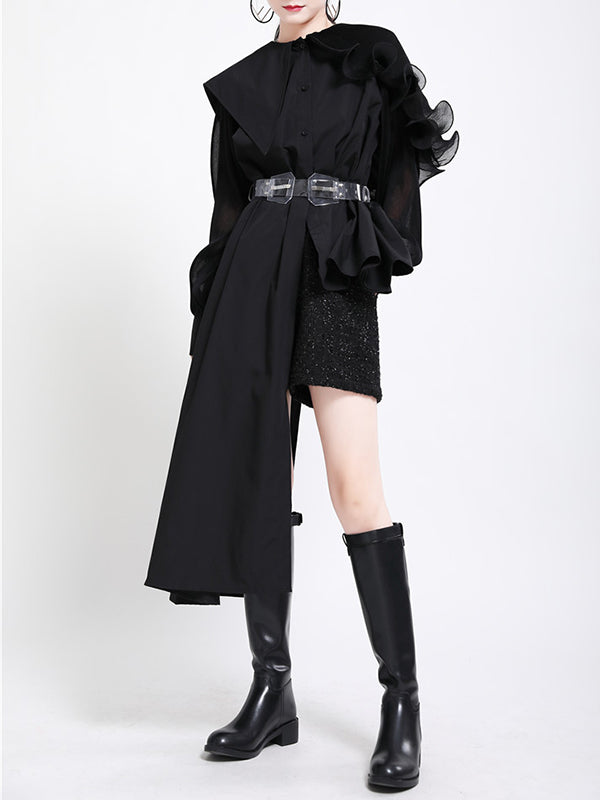 Asymmetric Pleated Solid Color Split-Joint Falbala Long Sleeves Loose Lapel Blouses&shirts Tops