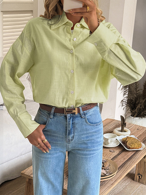 Buttoned Solid Color Long Sleeves Loose Lapel Blouses&shirts Tops