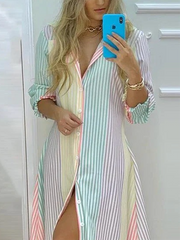Irregular Clipping Three-Quarter Sleeves  Striped Lapel Maxi Dresses Shirt Dress