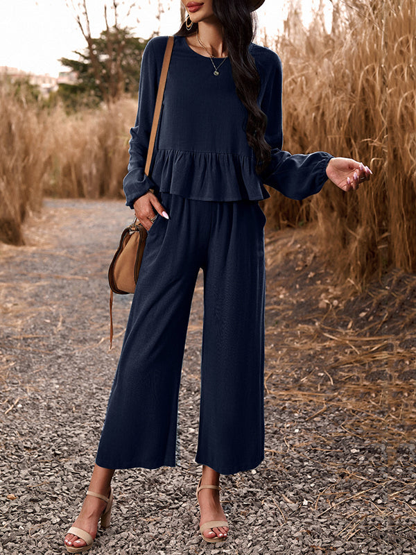 Round-Neck Long Sleeves Loose Pleated Solid Color Split-Joint Shirts Top + Pants Bottom Two Pieces Set