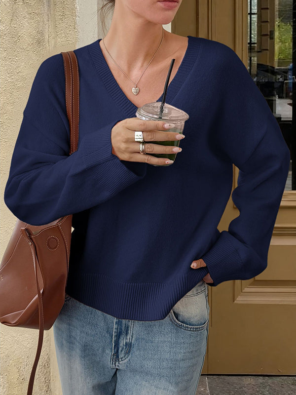 Ribs Solid Color Long Sleeves Loose V-Neck Sweater Tops