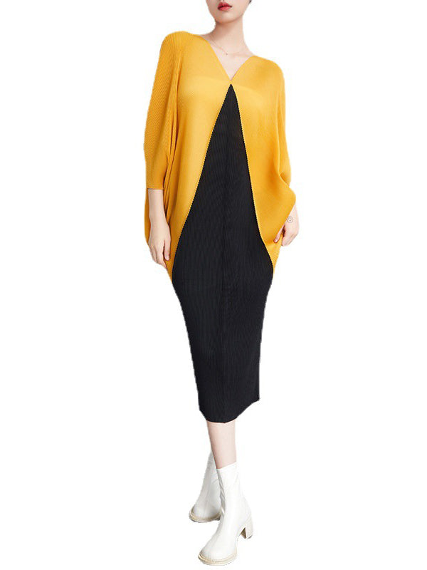 Urban Batwing Sleeves Contrast Color Pleated V-Neck Midi Dresses