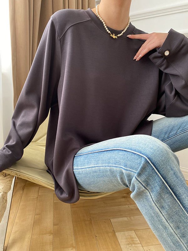 Cropped Loose Split-Side Solid Color Round-Neck T-Shirts Tops