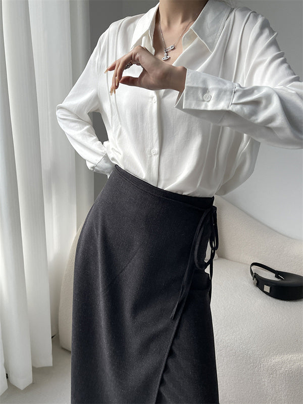 Pleated Split-Joint Long Sleeves Loose Lapel Blouses&Shirts Tops