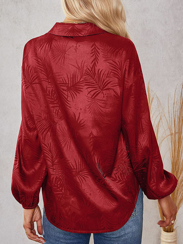 Jacquard Split-Joint Loose Puff Sleeves Lapel Blouses