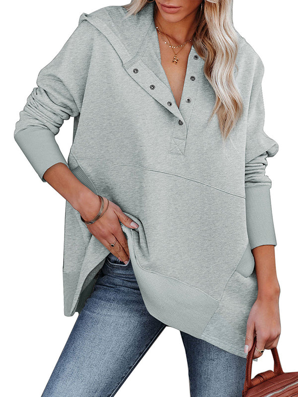 Buttoned Hooded Split-Joint Batwing Sleeves Long Sleeves V-Neck Hoodies Tops