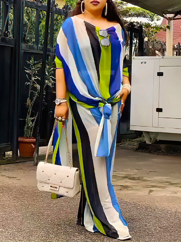 Contrast Color See-Through Split-Side Striped Batwing Sleeves Loose Two Pieces Set Pants Set