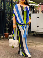 Contrast Color See-Through Split-Side Striped Batwing Sleeves Loose Two Pieces Set Pants Set