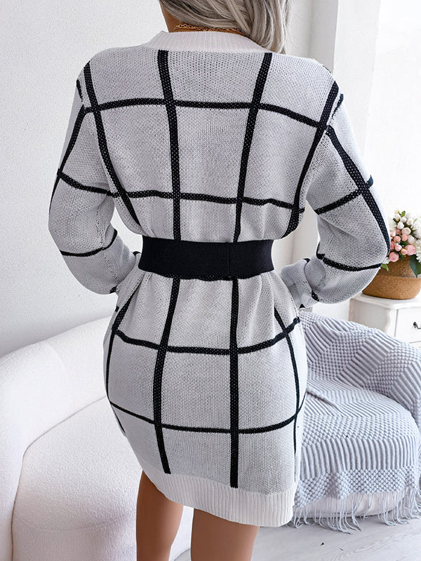 Belted Contrast Color Plaid Elasticated Waist Long Sleeves Round-Neck Sweater Dresses Mini Dresses