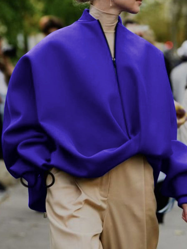 Asymmetric Split-Joint Zipper Loose Puff Sleeves Stand Collar Outerwear