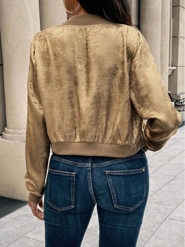 Shiny Split-Joint Zipper Long Sleeves Loose Round-Neck Outerwear
