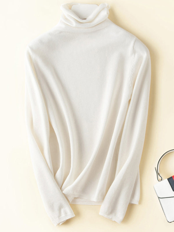 Casual Skinny Long Sleeves Solid Color Heaps Collar Sweater Tops Pullovers