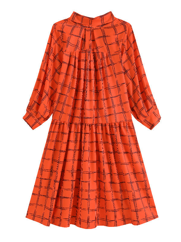 Original Creation Loose Puff Sleeves Plaid High-Neck Midi Dresses