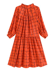 Original Creation Loose Puff Sleeves Plaid High-Neck Midi Dresses
