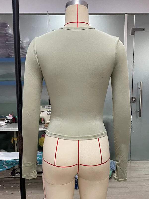 Hollow Solid Color Long Sleeves Skinny Round-Neck T-Shirts Tops