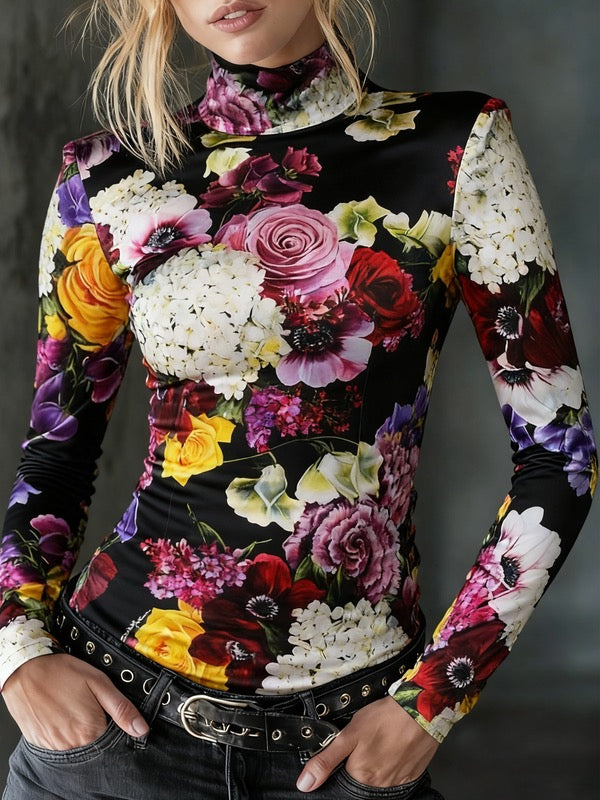 Long Sleeves Skinny Contrast Color Flower Print High Neck T-Shirts Tops