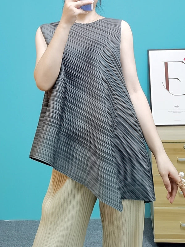 Pleated Solid Color Irregular Clipping Loose Round-Neck Vest Top