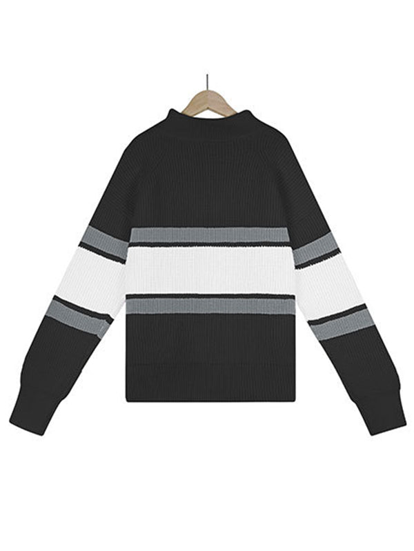 Stylish Loose Solid Color& Contrast Color Striped Lapel Collar Sweater Tops