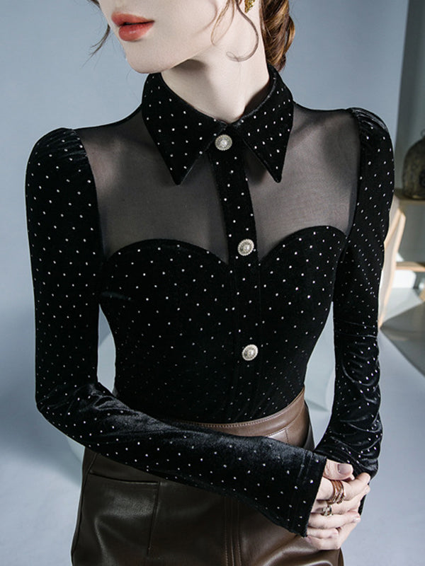 Buttoned Polka Dot Split-Joint Long Sleeves Skinny Lapel T-Shirts Tops