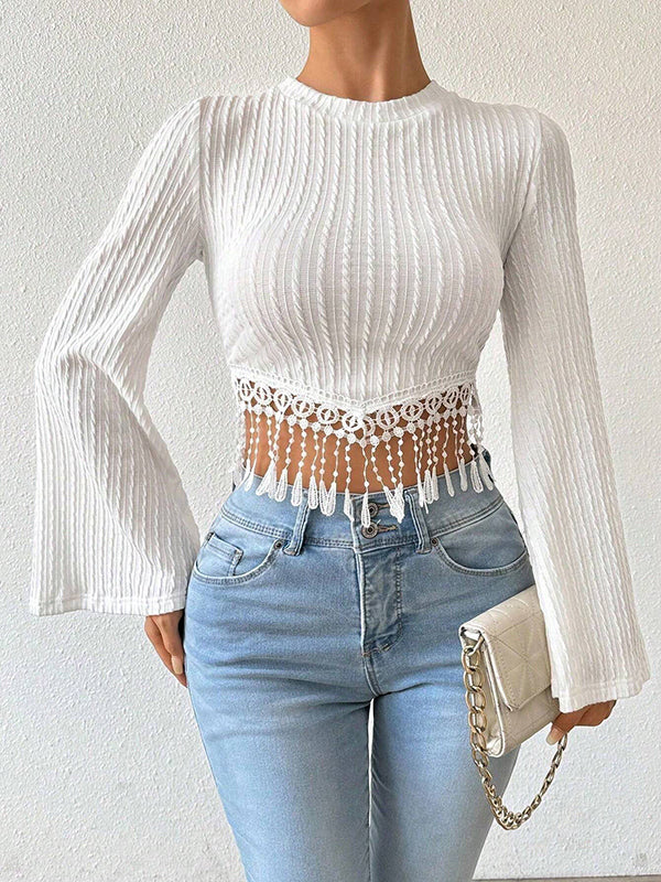 Solid Color Split-Joint Tasseled Flared Sleeves Long Sleeves Round-neck T-Shirts Tops