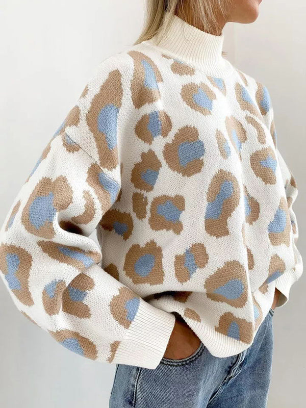 Leopard Long Sleeves Loose Mock Neck Sweater Tops Pullovers