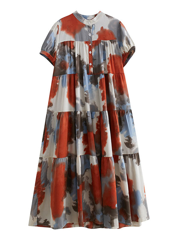 Printed Split-Joint Loose Short Sleeves Stand Collar Midi Dresses