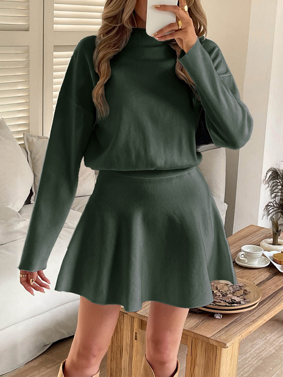 Elasticity Solid Color A-line High Waisted Round-neck Sweater Dresses Mini Dresses