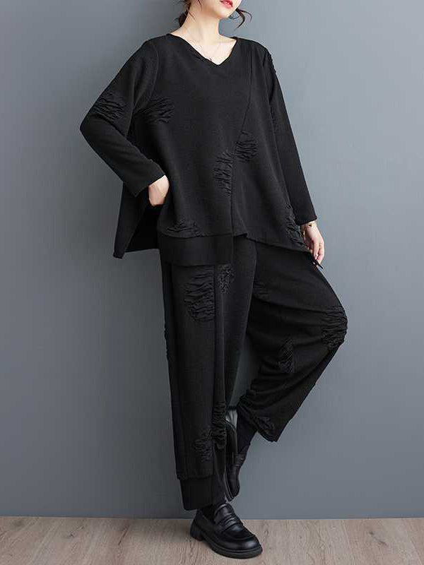 Split-Joint V-Neck Long Sleeves Asymmetric Solid Color T-Shirts Top + Harem Pants Elasticity Pants Bottom Two Pieces Set
