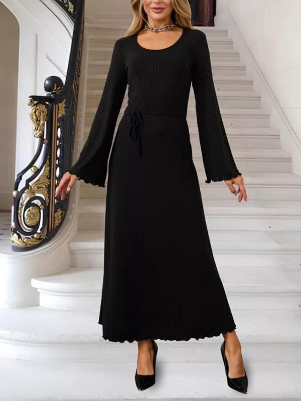 Pleated Ruffled Solid Color Split-Joint Long Sleeves Round-neck Maxi Dresses