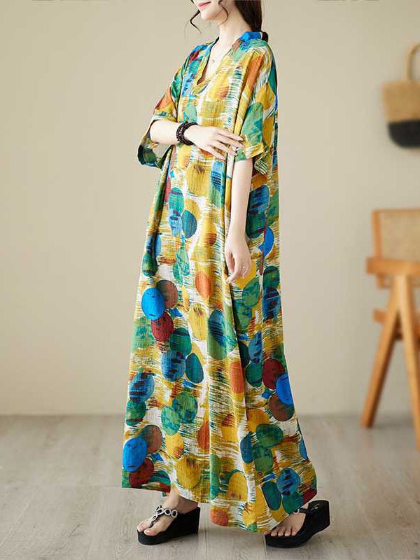 Contrast Color Polka-Dot Batwing Sleeves Half Sleeves V-Neck Maxi Dresses