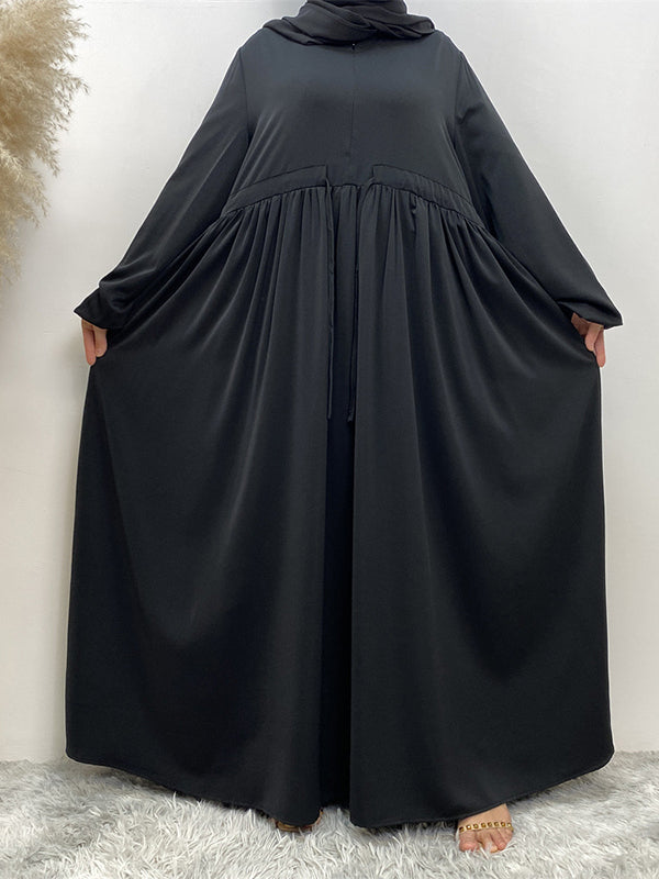 Drawstring Elasticity Muslim Pleated Solid Color Zipper Long Sleeves Loose Round-Neck Maxi Dresses