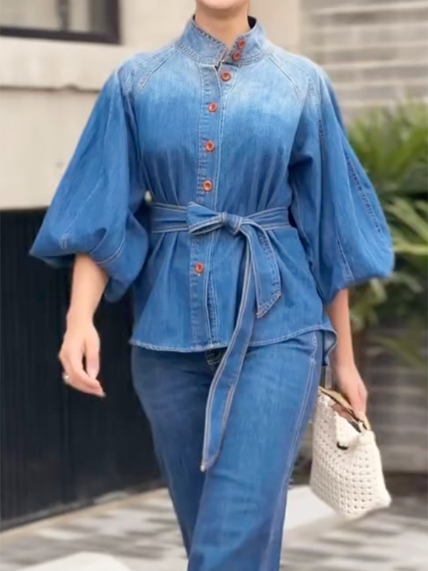 Buttoned Gradient Tied Waist Half Sleeves Puff Sleeves Stand Collar Blouses&Shirts Tops