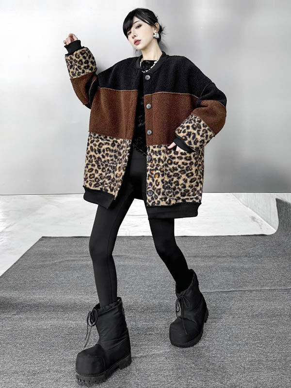 Buttoned Contrast Color Reversible Split-Joint Long Sleeves Loose Round-Neck Outerwear Cardigan Tops