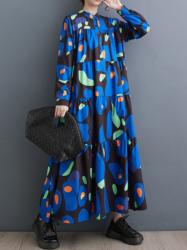 Pleated Printed Split-Joint Long Sleeves Loose Stand Collar Midi Dresses