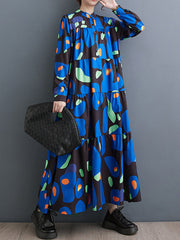 Pleated Printed Split-Joint Long Sleeves Loose Stand Collar Midi Dresses