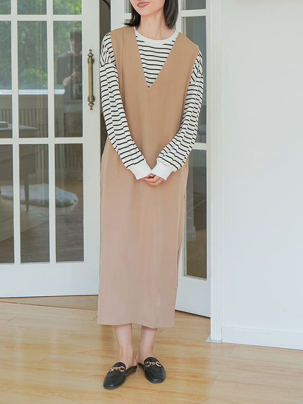 Casual A-Line Sleeveless Solid Color V-Neck Midi Dresses