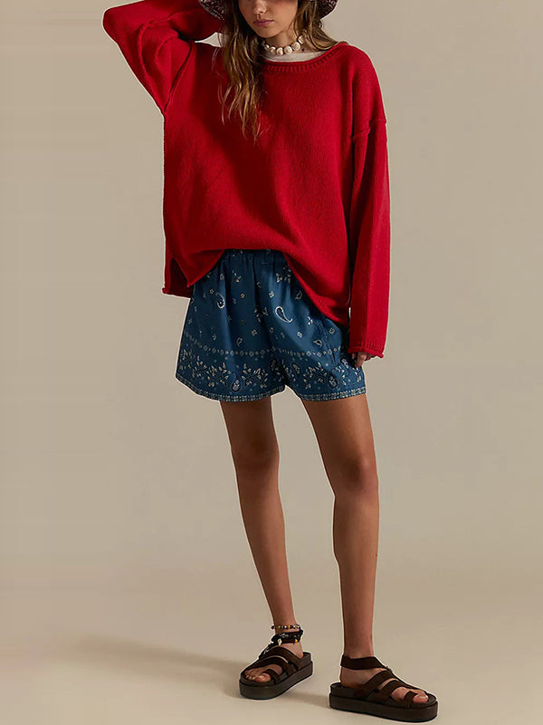 Solid Color Split-Joint Long Sleeves Loose Round-neck Sweater Tops