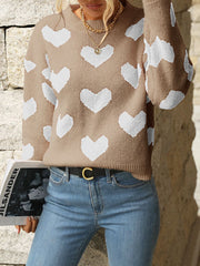 Heart Print Jacquard Split-Joint Long Sleeves Loose Round-Neck Sweater Tops Pullovers