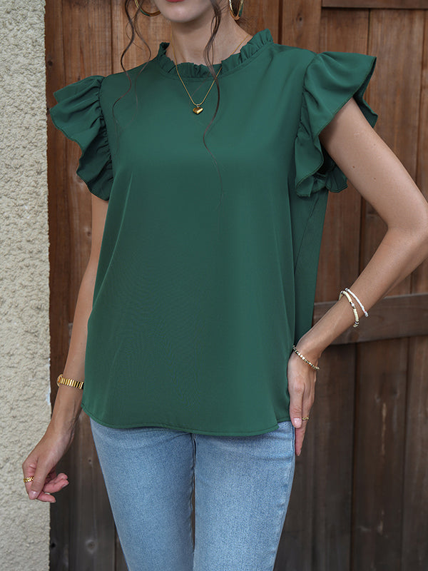 Hollow Solid Color Split-Joint Loose Ruffle Sleeves Round-Neck Blouses&Shirts Tops