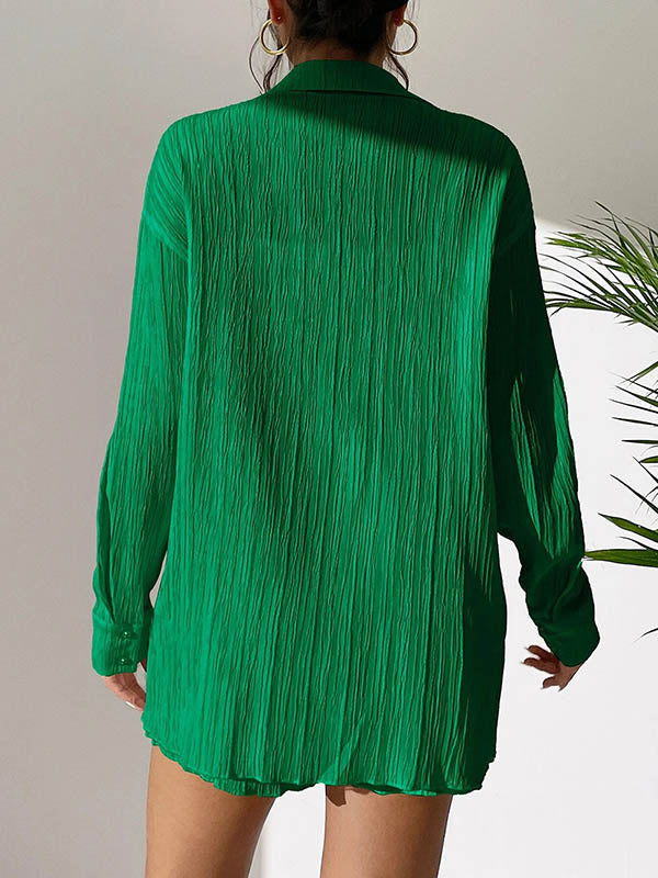 Loose Buttoned Long Sleeves Pleated Solid Color Lapel Shirts Top + Elasticity Shorts Bottom Two Pieces Set