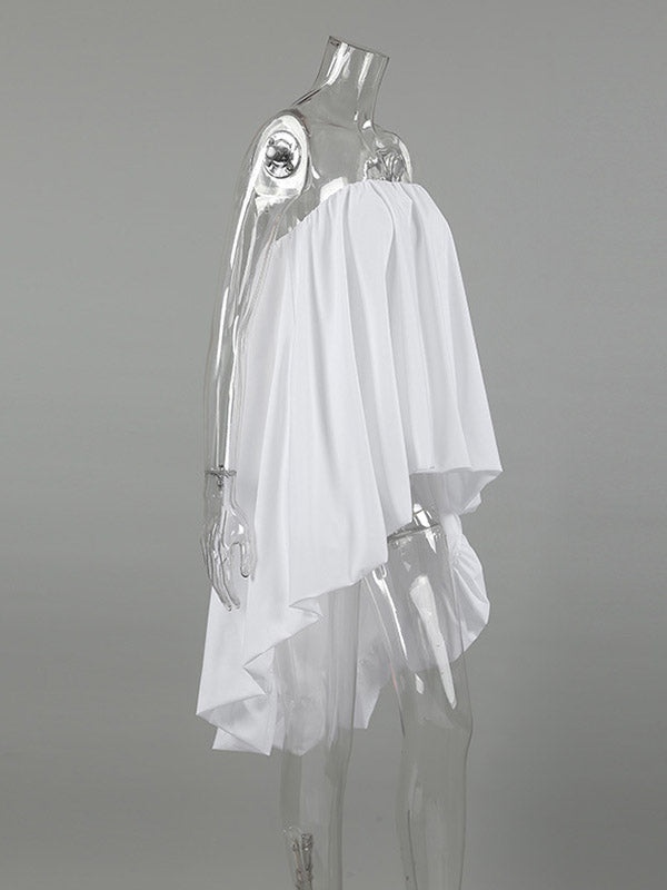 Elasticity Pleated Solid Color Split-Joint High-Low Sleeveless Tube Blouses&Shirts Tops
