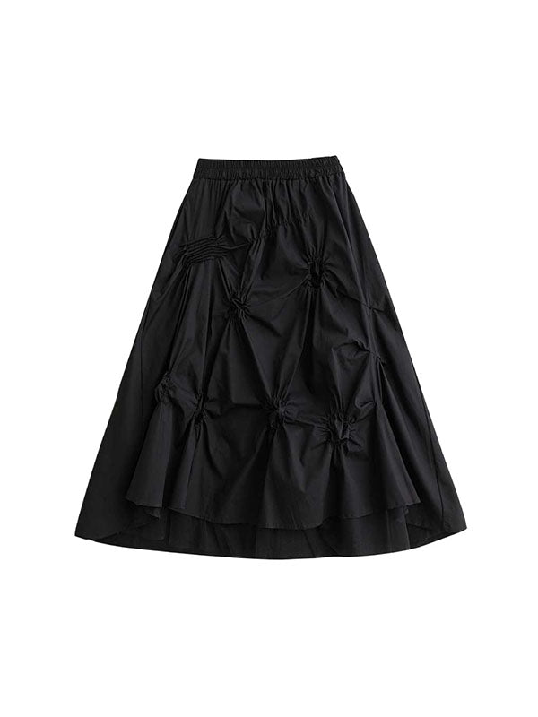 Elasticity Pleated Pockets Solid Color Tulle High-Low Loose Skirts Bottoms